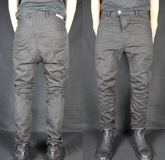 (6) X0SP BDB102 - Versuchskind Berlin 2014-2015 Fall Autumn Winter Mens Denim Collection Germany - Linesheet Jeans Asymmetrical Back Yoke Coated Waxed Tapered Low Crotch Wrinkled Half Yoke Distressed Worn In Grey Gray Black Treatments Honeycomb Creases