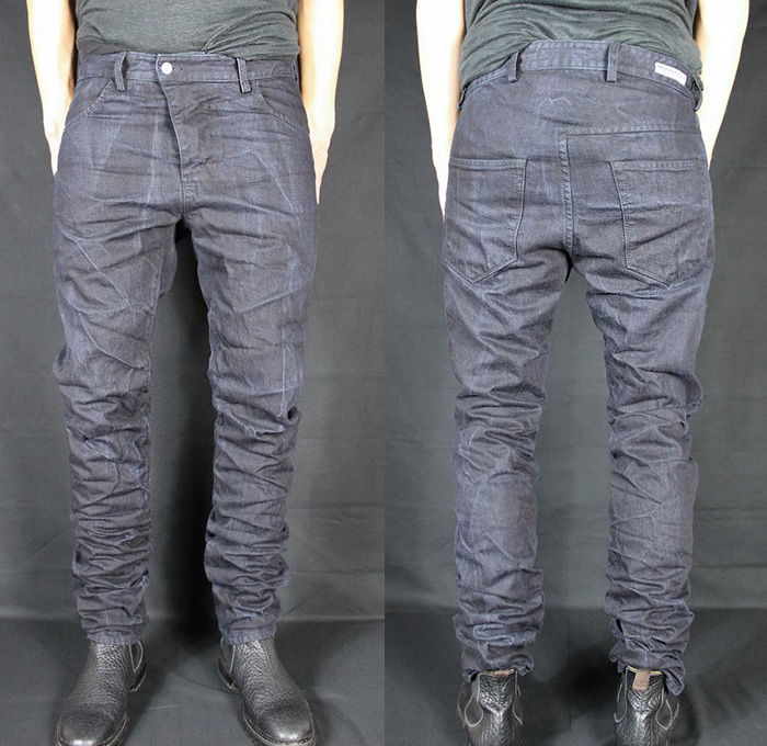 (7) X2SP MB103 - Versuchskind Berlin 2014-2015 Fall Autumn Winter Mens Denim Collection Germany - Linesheet Jeans Asymmetrical Back Yoke Coated Waxed Tapered Low Crotch Wrinkled Half Yoke Distressed Worn In Grey Gray Black Treatments Honeycomb Creases