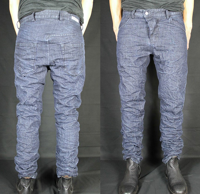 (8) X2Sp MB101 - Versuchskind Berlin 2014-2015 Fall Autumn Winter Mens Denim Collection Germany - Linesheet Jeans Asymmetrical Back Yoke Coated Waxed Tapered Low Crotch Wrinkled Half Yoke Distressed Worn In Grey Gray Black Treatments Honeycomb Creases