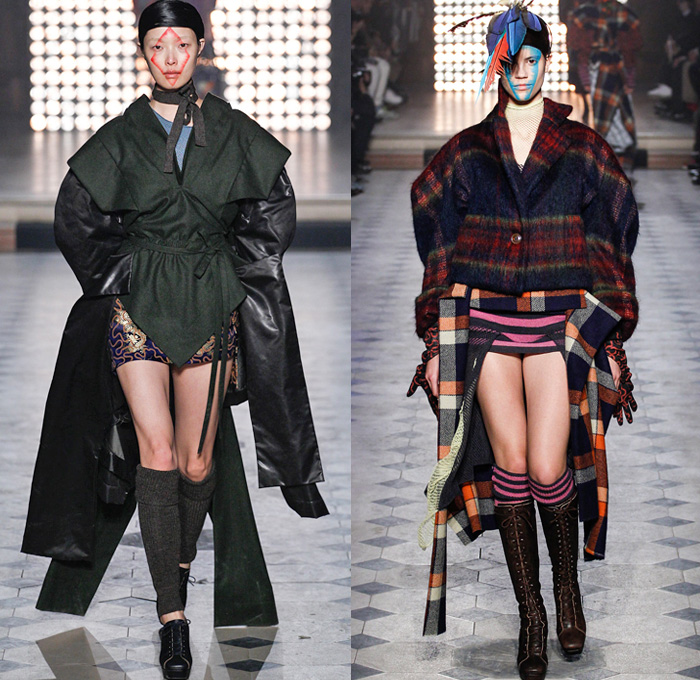 Vivienne Westwood 2014-2015 Fall Autumn Winter Womens Runway Looks - Paris Fashion Week Mode à Paris Prêt à Porter Défilés - Outerwear Coat Angular Cape Cloak Dovetail Shorts Plaid Boatneck Stripes 3d Cutout Boots Robe Wrap Kimono Tuxedo Cocktail Jacket Feathers Doves Birds Drapery Ornamental Art Asymmetrical Hem Oversized Hat Abstract Geometric Dress Skirt Frock Trees Foliage Drawings Coatdress Ruffles Wedding Gown