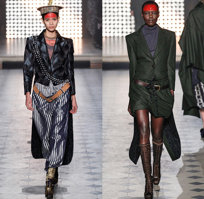 Vivienne Westwood 2014-2015 Fall Autumn Winter Womens Runway Looks - Paris Fashion Week Mode à Paris Prêt à Porter Défilés - Outerwear Coat Angular Cape Cloak Dovetail Shorts Plaid Boatneck Stripes 3d Cutout Boots Robe Wrap Kimono Tuxedo Cocktail Jacket Feathers Doves Birds Drapery Ornamental Art Asymmetrical Hem Oversized Hat Abstract Geometric Dress Skirt Frock Trees Foliage Drawings Coatdress Ruffles Wedding Gown