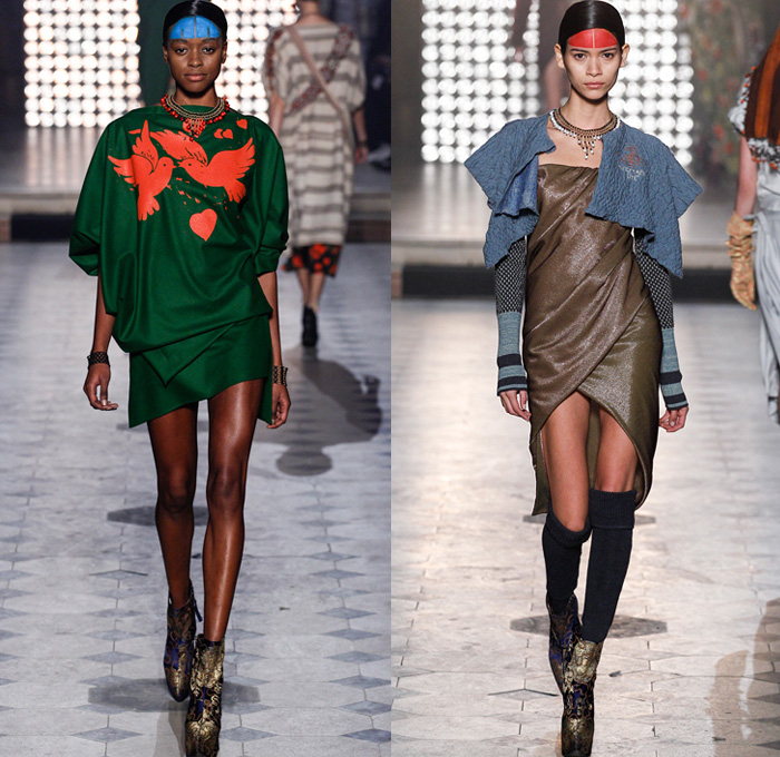 Vivienne Westwood 2014-2015 Fall Autumn Winter Womens Runway Looks - Paris Fashion Week Mode à Paris Prêt à Porter Défilés - Outerwear Coat Angular Cape Cloak Dovetail Shorts Plaid Boatneck Stripes 3d Cutout Boots Robe Wrap Kimono Tuxedo Cocktail Jacket Feathers Doves Birds Drapery Ornamental Art Asymmetrical Hem Oversized Hat Abstract Geometric Dress Skirt Frock Trees Foliage Drawings Coatdress Ruffles Wedding Gown