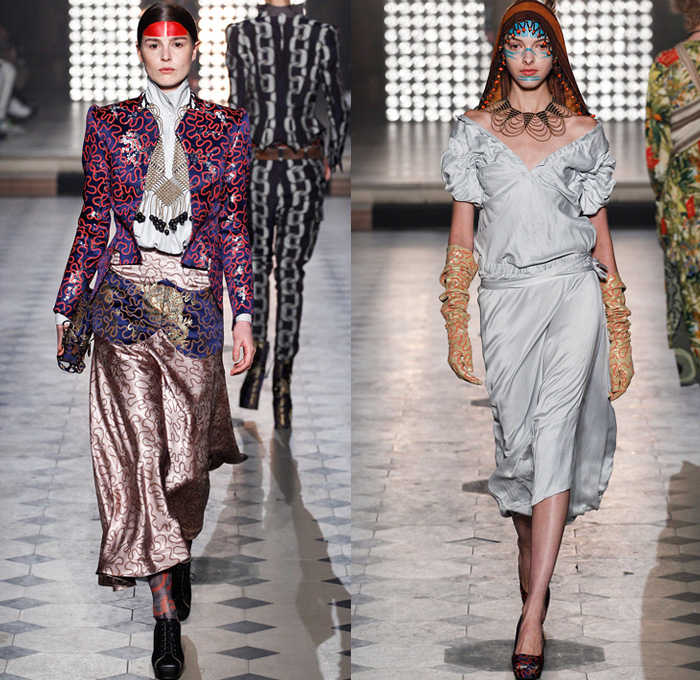 Vivienne Westwood 2014-2015 Fall Autumn Winter Womens Runway Looks - Paris Fashion Week Mode à Paris Prêt à Porter Défilés - Outerwear Coat Angular Cape Cloak Dovetail Shorts Plaid Boatneck Stripes 3d Cutout Boots Robe Wrap Kimono Tuxedo Cocktail Jacket Feathers Doves Birds Drapery Ornamental Art Asymmetrical Hem Oversized Hat Abstract Geometric Dress Skirt Frock Trees Foliage Drawings Coatdress Ruffles Wedding Gown