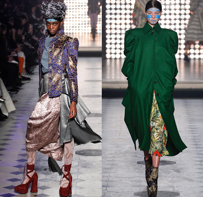 Vivienne Westwood 2014-2015 Fall Autumn Winter Womens Runway Looks - Paris Fashion Week Mode à Paris Prêt à Porter Défilés - Outerwear Coat Angular Cape Cloak Dovetail Shorts Plaid Boatneck Stripes 3d Cutout Boots Robe Wrap Kimono Tuxedo Cocktail Jacket Feathers Doves Birds Drapery Ornamental Art Asymmetrical Hem Oversized Hat Abstract Geometric Dress Skirt Frock Trees Foliage Drawings Coatdress Ruffles Wedding Gown