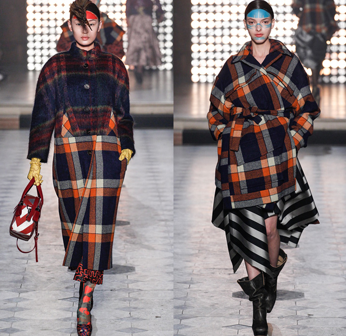 Vivienne Westwood 2014-2015 Fall Autumn Winter Womens Runway Looks - Paris Fashion Week Mode à Paris Prêt à Porter Défilés - Outerwear Coat Angular Cape Cloak Dovetail Shorts Plaid Boatneck Stripes 3d Cutout Boots Robe Wrap Kimono Tuxedo Cocktail Jacket Feathers Doves Birds Drapery Ornamental Art Asymmetrical Hem Oversized Hat Abstract Geometric Dress Skirt Frock Trees Foliage Drawings Coatdress Ruffles Wedding Gown