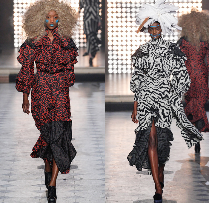 Vivienne Westwood 2014-2015 Fall Autumn Winter Womens Runway Looks - Paris Fashion Week Mode à Paris Prêt à Porter Défilés - Outerwear Coat Angular Cape Cloak Dovetail Shorts Plaid Boatneck Stripes 3d Cutout Boots Robe Wrap Kimono Tuxedo Cocktail Jacket Feathers Doves Birds Drapery Ornamental Art Asymmetrical Hem Oversized Hat Abstract Geometric Dress Skirt Frock Trees Foliage Drawings Coatdress Ruffles Wedding Gown