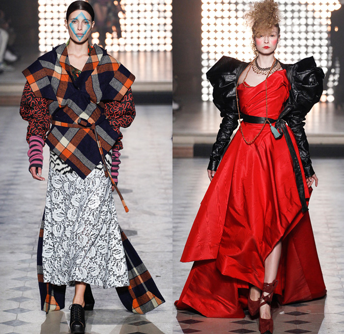 Vivienne Westwood 2014-2015 Fall Autumn Winter Womens Runway Looks - Paris Fashion Week Mode à Paris Prêt à Porter Défilés - Outerwear Coat Angular Cape Cloak Dovetail Shorts Plaid Boatneck Stripes 3d Cutout Boots Robe Wrap Kimono Tuxedo Cocktail Jacket Feathers Doves Birds Drapery Ornamental Art Asymmetrical Hem Oversized Hat Abstract Geometric Dress Skirt Frock Trees Foliage Drawings Coatdress Ruffles Wedding Gown