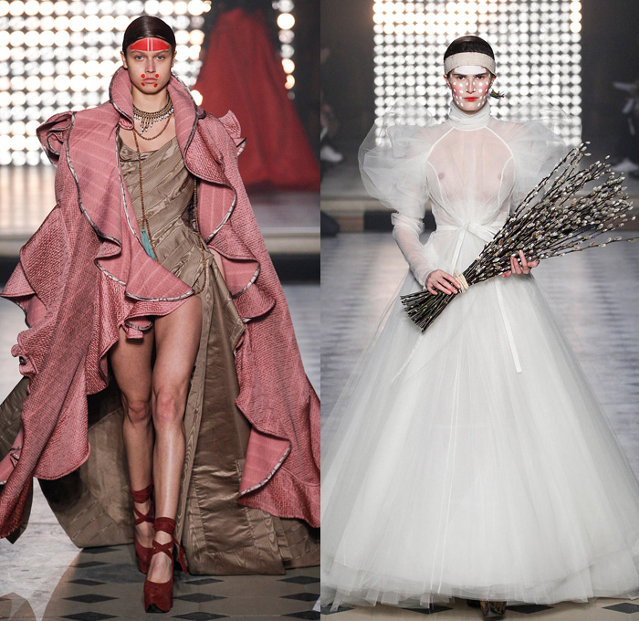 Vivienne Westwood 2014-2015 Fall Autumn Winter Womens Runway Looks - Paris Fashion Week Mode à Paris Prêt à Porter Défilés - Outerwear Coat Angular Cape Cloak Dovetail Shorts Plaid Boatneck Stripes 3d Cutout Boots Robe Wrap Kimono Tuxedo Cocktail Jacket Feathers Doves Birds Drapery Ornamental Art Asymmetrical Hem Oversized Hat Abstract Geometric Dress Skirt Frock Trees Foliage Drawings Coatdress Ruffles Wedding Gown