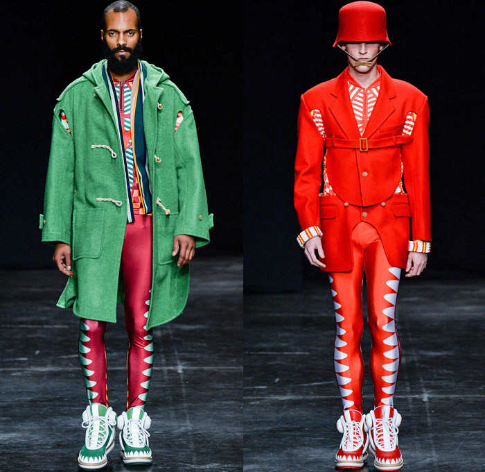 Walter Van Beirendonck 2014-2015 Fall Autumn Winter Mens Runway Looks Fashion - Paris Fashion Week Mode à Paris Masculine Défilés - Ski Leggings Tribal Ethnic Ornamental Parka Coat Rainwear Oversized Belt Strapped Suit Blazer Hypnotic Stripes Bucket Helmet Furry Knit Leather Bomber Jacket Turtleneck Scarf Androgyny Ruffles Embroidery Emblem