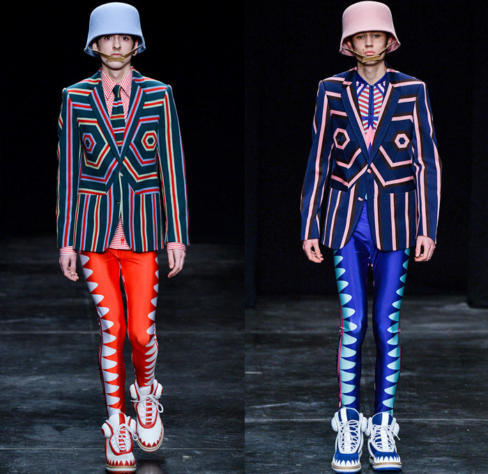 Walter Van Beirendonck 2014-2015 Fall Autumn Winter Mens Runway Looks Fashion - Paris Fashion Week Mode à Paris Masculine Défilés - Ski Leggings Tribal Ethnic Ornamental Parka Coat Rainwear Oversized Belt Strapped Suit Blazer Hypnotic Stripes Bucket Helmet Furry Knit Leather Bomber Jacket Turtleneck Scarf Androgyny Ruffles Embroidery Emblem