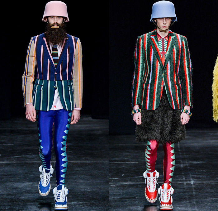 Walter Van Beirendonck 2014-2015 Fall Autumn Winter Mens Runway Looks Fashion - Paris Fashion Week Mode à Paris Masculine Défilés - Ski Leggings Tribal Ethnic Ornamental Parka Coat Rainwear Oversized Belt Strapped Suit Blazer Hypnotic Stripes Bucket Helmet Furry Knit Leather Bomber Jacket Turtleneck Scarf Androgyny Ruffles Embroidery Emblem