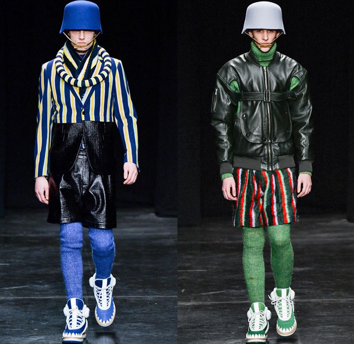 Walter Van Beirendonck 2014-2015 Fall Autumn Winter Mens Runway Looks Fashion - Paris Fashion Week Mode à Paris Masculine Défilés - Ski Leggings Tribal Ethnic Ornamental Parka Coat Rainwear Oversized Belt Strapped Suit Blazer Hypnotic Stripes Bucket Helmet Furry Knit Leather Bomber Jacket Turtleneck Scarf Androgyny Ruffles Embroidery Emblem