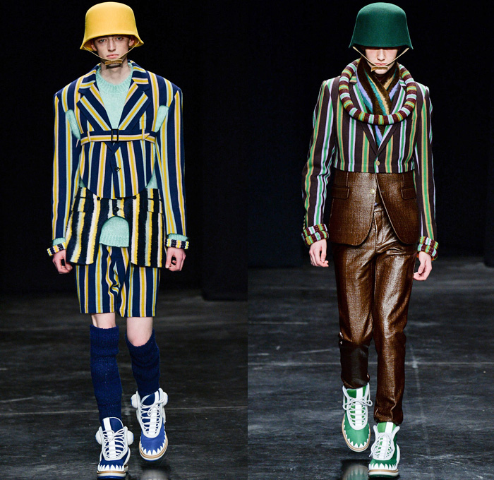 Walter Van Beirendonck 2014-2015 Fall Autumn Winter Mens Runway Looks Fashion - Paris Fashion Week Mode à Paris Masculine Défilés - Ski Leggings Tribal Ethnic Ornamental Parka Coat Rainwear Oversized Belt Strapped Suit Blazer Hypnotic Stripes Bucket Helmet Furry Knit Leather Bomber Jacket Turtleneck Scarf Androgyny Ruffles Embroidery Emblem