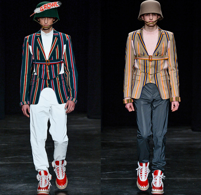 Walter Van Beirendonck 2014-2015 Fall Autumn Winter Mens Runway Looks Fashion - Paris Fashion Week Mode à Paris Masculine Défilés - Ski Leggings Tribal Ethnic Ornamental Parka Coat Rainwear Oversized Belt Strapped Suit Blazer Hypnotic Stripes Bucket Helmet Furry Knit Leather Bomber Jacket Turtleneck Scarf Androgyny Ruffles Embroidery Emblem