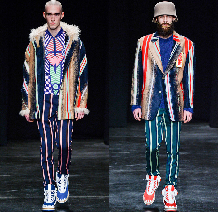 Walter Van Beirendonck 2014-2015 Fall Autumn Winter Mens Runway Looks Fashion - Paris Fashion Week Mode à Paris Masculine Défilés - Ski Leggings Tribal Ethnic Ornamental Parka Coat Rainwear Oversized Belt Strapped Suit Blazer Hypnotic Stripes Bucket Helmet Furry Knit Leather Bomber Jacket Turtleneck Scarf Androgyny Ruffles Embroidery Emblem