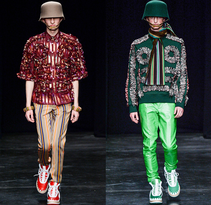 Walter Van Beirendonck 2014-2015 Fall Autumn Winter Mens Runway Looks Fashion - Paris Fashion Week Mode à Paris Masculine Défilés - Ski Leggings Tribal Ethnic Ornamental Parka Coat Rainwear Oversized Belt Strapped Suit Blazer Hypnotic Stripes Bucket Helmet Furry Knit Leather Bomber Jacket Turtleneck Scarf Androgyny Ruffles Embroidery Emblem