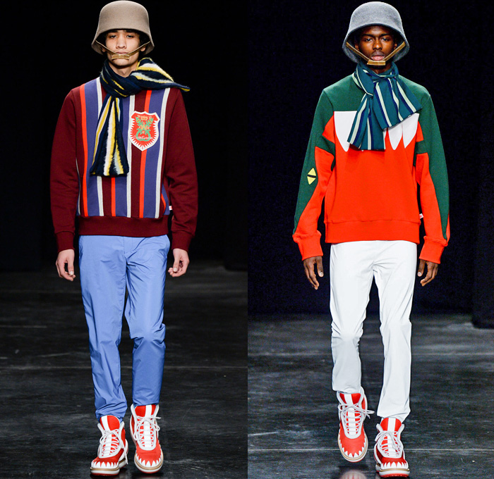 Walter Van Beirendonck 2014-2015 Fall Autumn Winter Mens Runway Looks Fashion - Paris Fashion Week Mode à Paris Masculine Défilés - Ski Leggings Tribal Ethnic Ornamental Parka Coat Rainwear Oversized Belt Strapped Suit Blazer Hypnotic Stripes Bucket Helmet Furry Knit Leather Bomber Jacket Turtleneck Scarf Androgyny Ruffles Embroidery Emblem