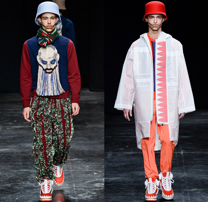 Walter Van Beirendonck 2014-2015 Fall Autumn Winter Mens Runway Looks Fashion - Paris Fashion Week Mode à Paris Masculine Défilés - Ski Leggings Tribal Ethnic Ornamental Parka Coat Rainwear Oversized Belt Strapped Suit Blazer Hypnotic Stripes Bucket Helmet Furry Knit Leather Bomber Jacket Turtleneck Scarf Androgyny Ruffles Embroidery Emblem