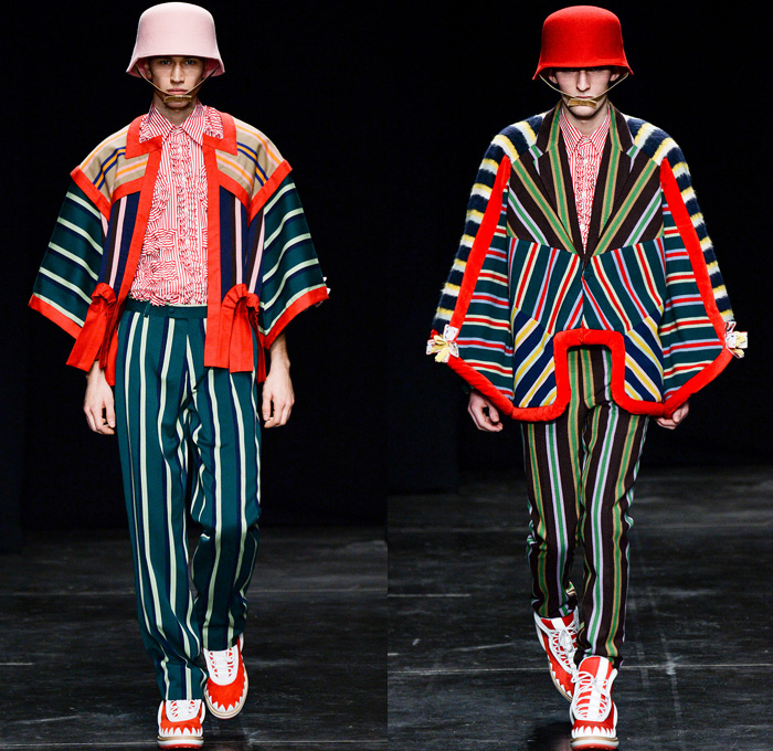 Walter Van Beirendonck 2014-2015 Fall Autumn Winter Mens Runway Looks Fashion - Paris Fashion Week Mode à Paris Masculine Défilés - Ski Leggings Tribal Ethnic Ornamental Parka Coat Rainwear Oversized Belt Strapped Suit Blazer Hypnotic Stripes Bucket Helmet Furry Knit Leather Bomber Jacket Turtleneck Scarf Androgyny Ruffles Embroidery Emblem