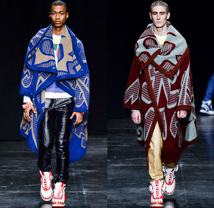 Walter Van Beirendonck 2014-2015 Fall Autumn Winter Mens Runway Looks Fashion - Paris Fashion Week Mode à Paris Masculine Défilés - Ski Leggings Tribal Ethnic Ornamental Parka Coat Rainwear Oversized Belt Strapped Suit Blazer Hypnotic Stripes Bucket Helmet Furry Knit Leather Bomber Jacket Turtleneck Scarf Androgyny Ruffles Embroidery Emblem