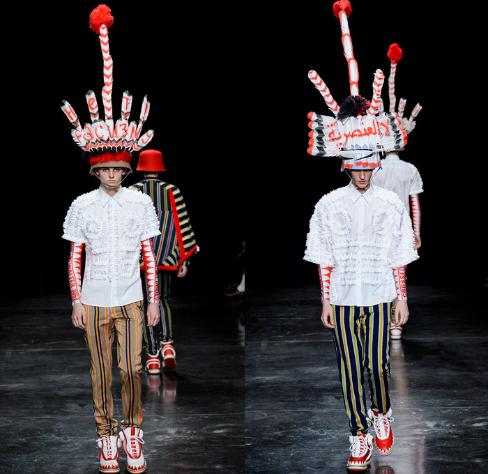 Walter Van Beirendonck 2014-2015 Fall Autumn Winter Mens Runway Looks Fashion - Paris Fashion Week Mode à Paris Masculine Défilés - Ski Leggings Tribal Ethnic Ornamental Parka Coat Rainwear Oversized Belt Strapped Suit Blazer Hypnotic Stripes Bucket Helmet Furry Knit Leather Bomber Jacket Turtleneck Scarf Androgyny Ruffles Embroidery Emblem