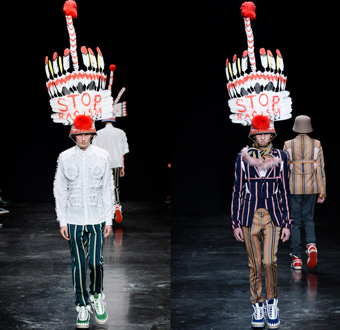 Walter Van Beirendonck 2014-2015 Fall Autumn Winter Mens Runway Looks Fashion - Paris Fashion Week Mode à Paris Masculine Défilés - Ski Leggings Tribal Ethnic Ornamental Parka Coat Rainwear Oversized Belt Strapped Suit Blazer Hypnotic Stripes Bucket Helmet Furry Knit Leather Bomber Jacket Turtleneck Scarf Androgyny Ruffles Embroidery Emblem