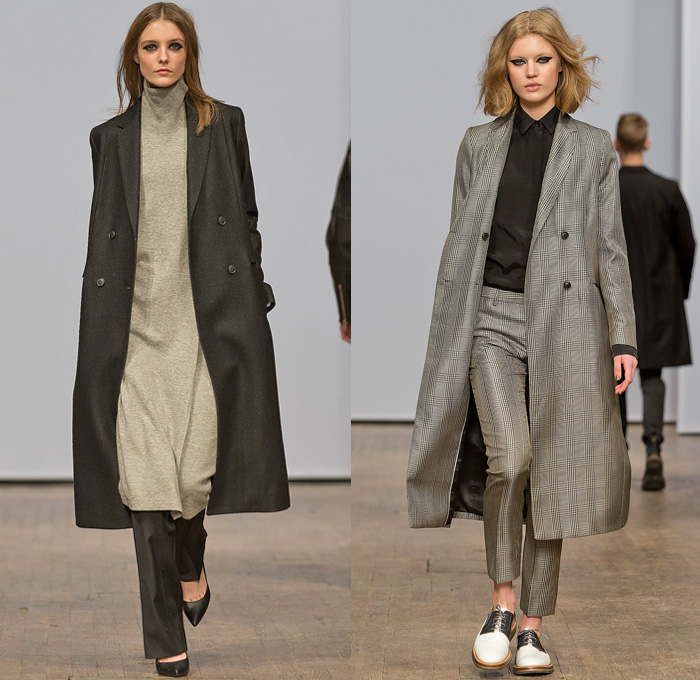 Whyred 2014-2015 Fall Autumn Winter Womens Runway Looks Fashion - Mercedes-Benz Fashion Week Stockholm Sweden Falla Host Vinter - Turtleneck Long Sweater Jumper Long Coat Topcoat Overcoat Trench Coat Pantsuit Minimalist Multi-Panel Leather Metallic Foil Double Breasted Furry Sheer Mesh Zigzag Cocktail Jacket Tuxedo Dress Drapery