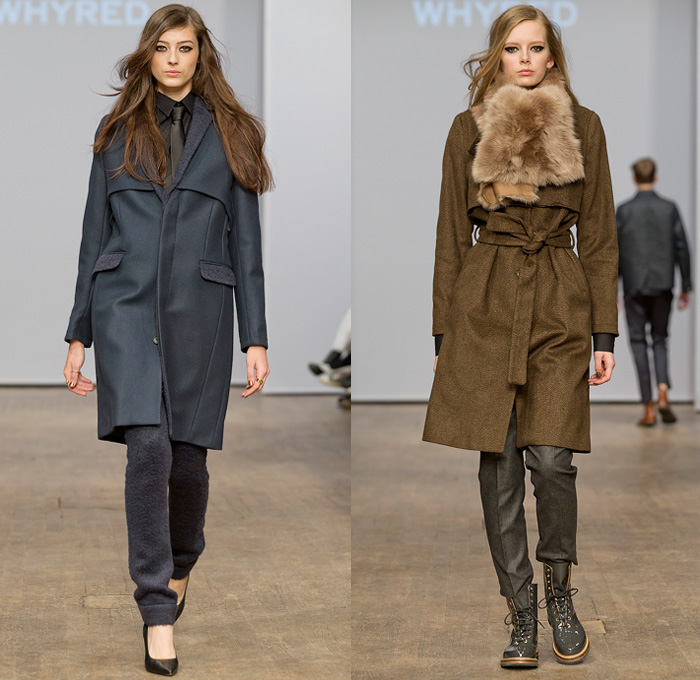 Whyred 2014-2015 Fall Autumn Winter Womens Runway Looks Fashion - Mercedes-Benz Fashion Week Stockholm Sweden Falla Host Vinter - Turtleneck Long Sweater Jumper Long Coat Topcoat Overcoat Trench Coat Pantsuit Minimalist Multi-Panel Leather Metallic Foil Double Breasted Furry Sheer Mesh Zigzag Cocktail Jacket Tuxedo Dress Drapery