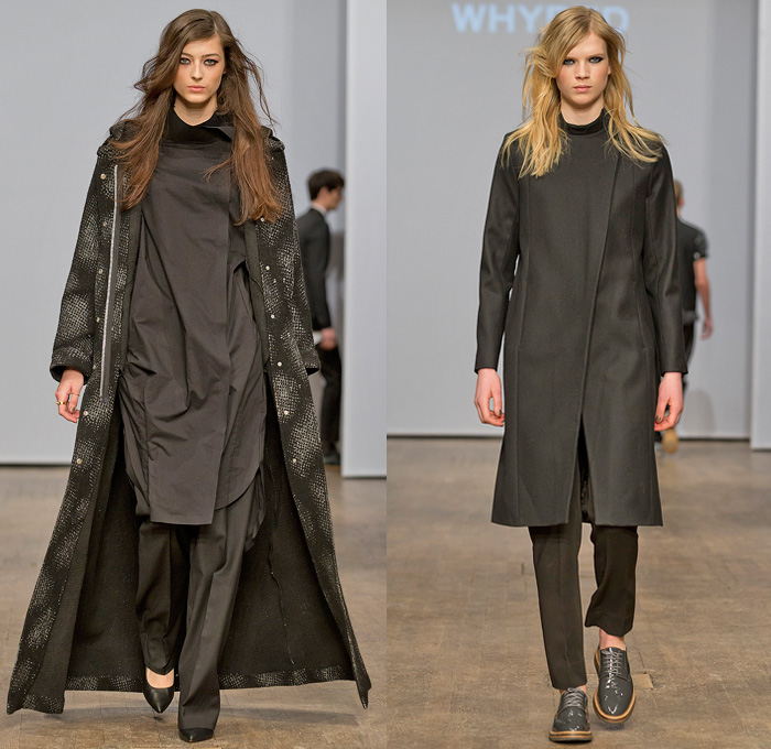 Whyred 2014-2015 Fall Autumn Winter Womens Runway Looks Fashion - Mercedes-Benz Fashion Week Stockholm Sweden Falla Host Vinter - Turtleneck Long Sweater Jumper Long Coat Topcoat Overcoat Trench Coat Pantsuit Minimalist Multi-Panel Leather Metallic Foil Double Breasted Furry Sheer Mesh Zigzag Cocktail Jacket Tuxedo Dress Drapery