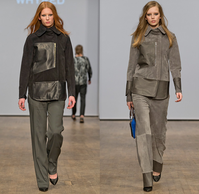 Whyred 2014-2015 Fall Autumn Winter Womens Runway Looks Fashion - Mercedes-Benz Fashion Week Stockholm Sweden Falla Host Vinter - Turtleneck Long Sweater Jumper Long Coat Topcoat Overcoat Trench Coat Pantsuit Minimalist Multi-Panel Leather Metallic Foil Double Breasted Furry Sheer Mesh Zigzag Cocktail Jacket Tuxedo Dress Drapery