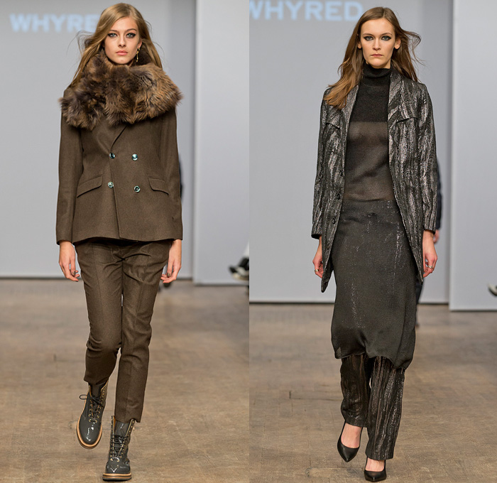 Whyred 2014-2015 Fall Autumn Winter Womens Runway Looks Fashion - Mercedes-Benz Fashion Week Stockholm Sweden Falla Host Vinter - Turtleneck Long Sweater Jumper Long Coat Topcoat Overcoat Trench Coat Pantsuit Minimalist Multi-Panel Leather Metallic Foil Double Breasted Furry Sheer Mesh Zigzag Cocktail Jacket Tuxedo Dress Drapery