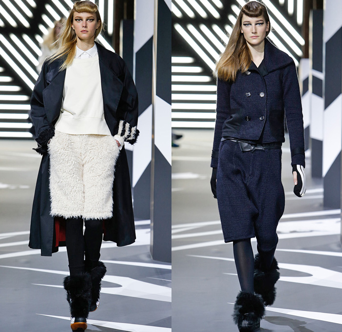 Y-3 Yohji Yamamoto Adidas 2014-2015 Fall Autumn Winter Womens Runway Looks Fashion - Paris Fashion Week Défilés - Sportswear Jogging Sweatpants Leggings Knit Bombersweat Shorts Furry Outerwear Jacket Coat Peacoat Skirt Frock Blazer Turtleneck Stripes Wide Leg Palazzo Pants Culottes Cropped Trousers Hoodie Cape Cloak Pantsuit Dovetail