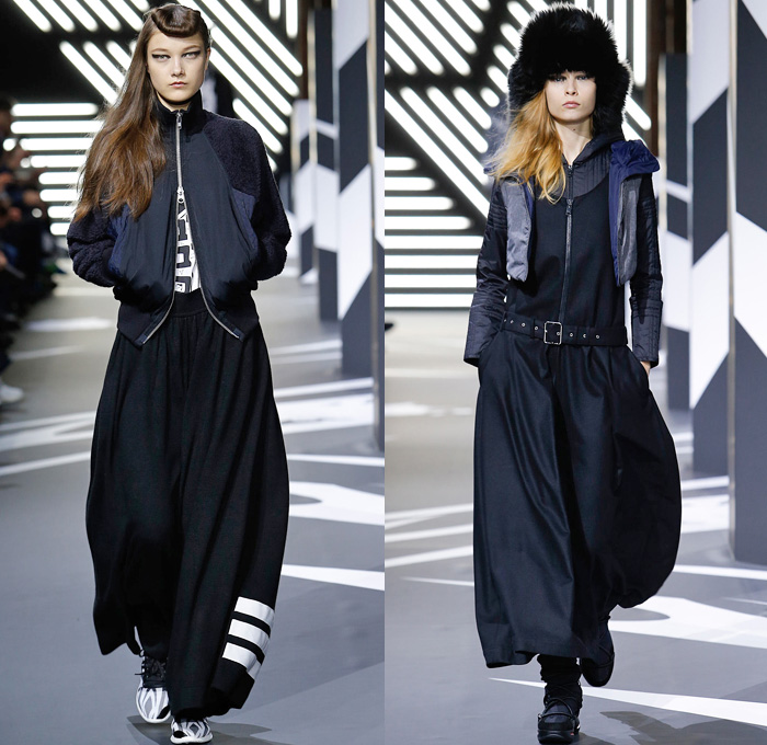 Y-3 Yohji Yamamoto Adidas 2014-2015 Fall Autumn Winter Womens Runway Looks Fashion - Paris Fashion Week Défilés - Sportswear Jogging Sweatpants Leggings Knit Bombersweat Shorts Furry Outerwear Jacket Coat Peacoat Skirt Frock Blazer Turtleneck Stripes Wide Leg Palazzo Pants Culottes Cropped Trousers Hoodie Cape Cloak Pantsuit Dovetail