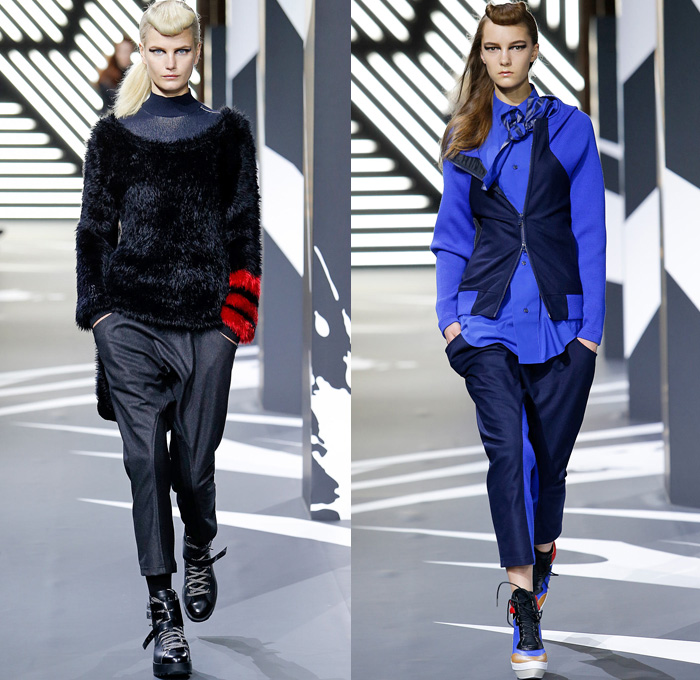 Y-3 Yohji Yamamoto Adidas 2014-2015 Fall Autumn Winter Womens Runway Looks Fashion - Paris Fashion Week Défilés - Sportswear Jogging Sweatpants Leggings Knit Bombersweat Shorts Furry Outerwear Jacket Coat Peacoat Skirt Frock Blazer Turtleneck Stripes Wide Leg Palazzo Pants Culottes Cropped Trousers Hoodie Cape Cloak Pantsuit Dovetail