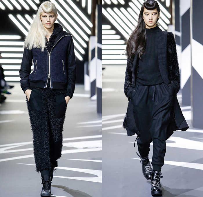 Y-3 Yohji Yamamoto Adidas 2014-2015 Fall Autumn Winter Womens Runway Looks Fashion - Paris Fashion Week Défilés - Sportswear Jogging Sweatpants Leggings Knit Bombersweat Shorts Furry Outerwear Jacket Coat Peacoat Skirt Frock Blazer Turtleneck Stripes Wide Leg Palazzo Pants Culottes Cropped Trousers Hoodie Cape Cloak Pantsuit Dovetail