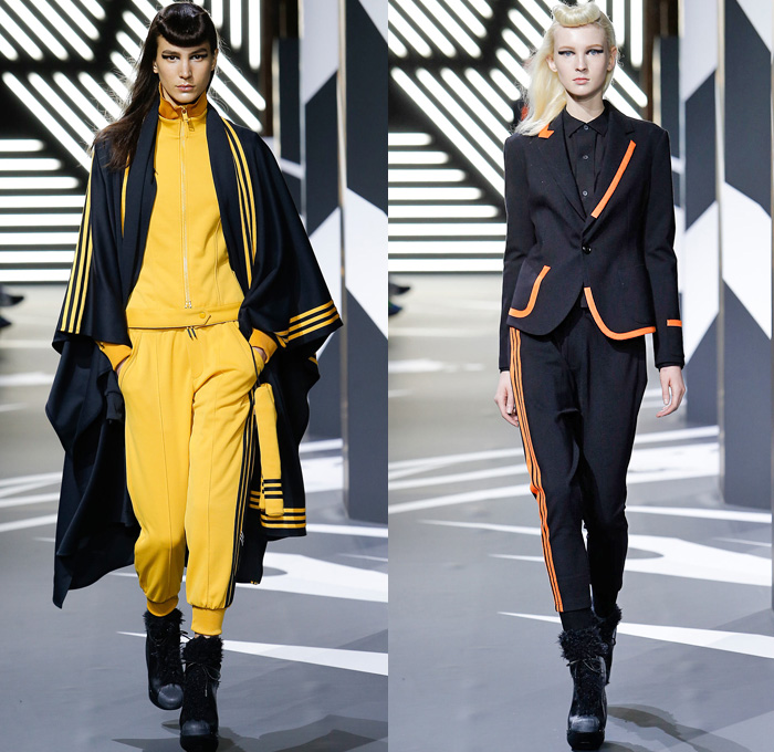 Y-3 Yohji Yamamoto Adidas 2014-2015 Fall Autumn Winter Womens Runway Looks Fashion - Paris Fashion Week Défilés - Sportswear Jogging Sweatpants Leggings Knit Bombersweat Shorts Furry Outerwear Jacket Coat Peacoat Skirt Frock Blazer Turtleneck Stripes Wide Leg Palazzo Pants Culottes Cropped Trousers Hoodie Cape Cloak Pantsuit Dovetail