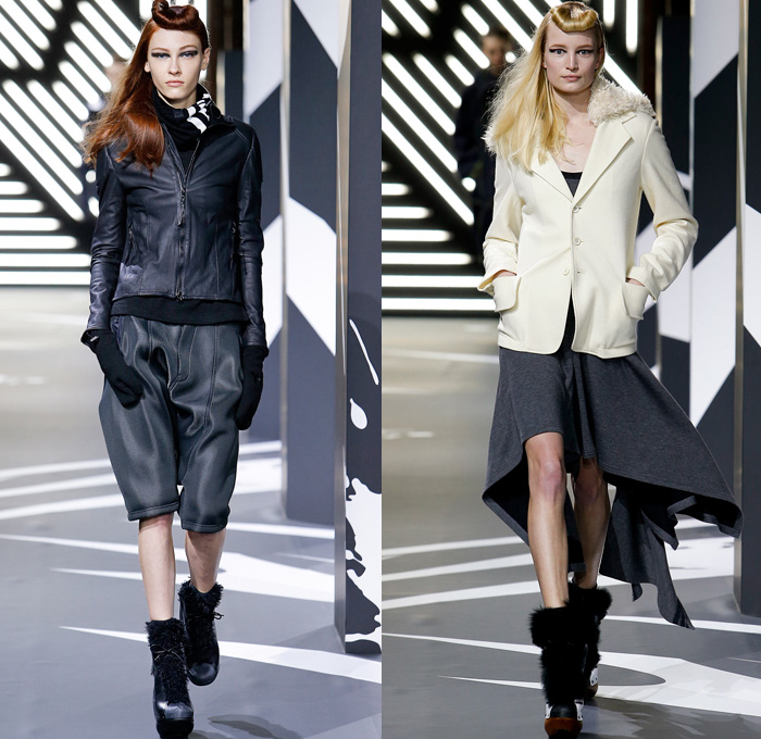 Y-3 Yohji Yamamoto Adidas 2014-2015 Fall Autumn Winter Womens Runway Looks Fashion - Paris Fashion Week Défilés - Sportswear Jogging Sweatpants Leggings Knit Bombersweat Shorts Furry Outerwear Jacket Coat Peacoat Skirt Frock Blazer Turtleneck Stripes Wide Leg Palazzo Pants Culottes Cropped Trousers Hoodie Cape Cloak Pantsuit Dovetail