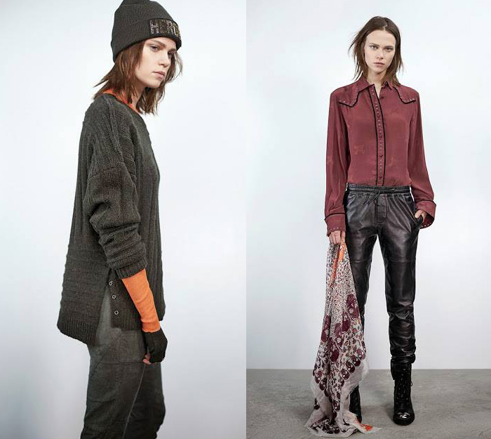 Zadig et Voltaire 2014-2015 Fall Autumn Winter Womens Lookbook Collection - Bomber Down Jacket Outerwear Quilted Jumpsuit Coveralls One Piece Onesie Transparent Peek-A-Boo Gloves Boots Beanie Knit Cap Sweater Jumper Jogging Sweatpants Shirt Blouson Leather Skinny Coat Scarf Camo Camouflage Cargo Pockets Blazer Shorts Loungewear Motorcycle Moto Rider Biker Skirt Pleats Miniskirt Skirt Frock Turtleneck Stripes Sweaterdress 