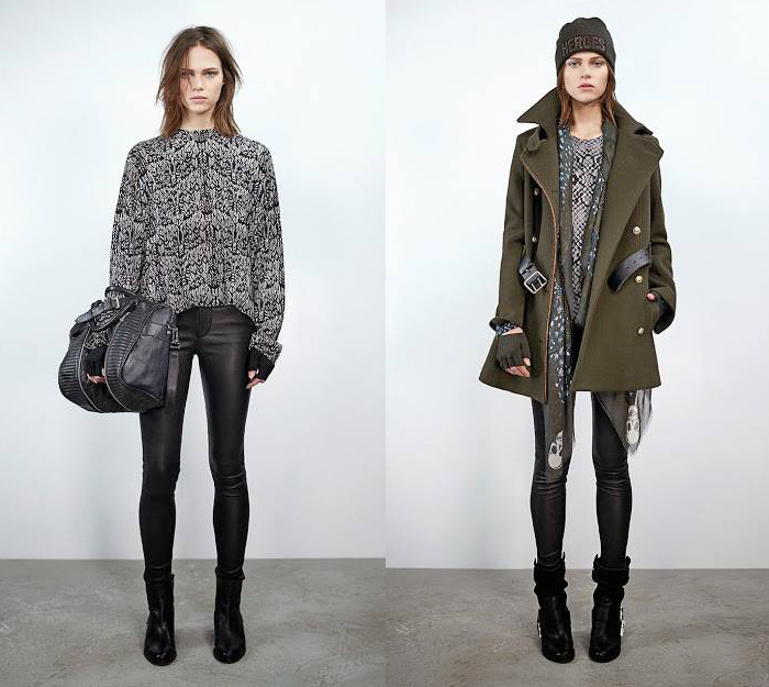 Zadig et Voltaire 2014-2015 Fall Autumn Winter Womens Lookbook Collection - Bomber Down Jacket Outerwear Quilted Jumpsuit Coveralls One Piece Onesie Transparent Peek-A-Boo Gloves Boots Beanie Knit Cap Sweater Jumper Jogging Sweatpants Shirt Blouson Leather Skinny Coat Scarf Camo Camouflage Cargo Pockets Blazer Shorts Loungewear Motorcycle Moto Rider Biker Skirt Pleats Miniskirt Skirt Frock Turtleneck Stripes Sweaterdress 