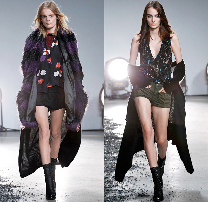 Zadig et Voltaire 2014-2015 Fall Autumn Winter Womens Runway Looks - Paris Fashion Week Prêt à Porter Défilés - Skinny Motorcycle Biker Rider Pants Jeans Flowers Florals Print Furry Outerwear Coat Shorts Leather Zipper Low V Neck Cardigan Knit Military Urban Cargo Pockets Sequins Lace Fringes Scarf Jogging Sweatpants Embellishments Jumpsuit Salopette Overalls Wide Leg Palazzo Pants Skirt Frock Dress Robe Wrap Sheer Chiffon Peekaboo Stripes Maxi Dress