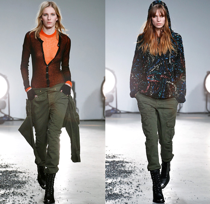 Zadig et Voltaire 2014-2015 Fall Autumn Winter Womens Runway Looks - Paris Fashion Week Prêt à Porter Défilés - Skinny Motorcycle Biker Rider Pants Jeans Flowers Florals Print Furry Outerwear Coat Shorts Leather Zipper Low V Neck Cardigan Knit Military Urban Cargo Pockets Sequins Lace Fringes Scarf Jogging Sweatpants Embellishments Jumpsuit Salopette Overalls Wide Leg Palazzo Pants Skirt Frock Dress Robe Wrap Sheer Chiffon Peekaboo Stripes Maxi Dress