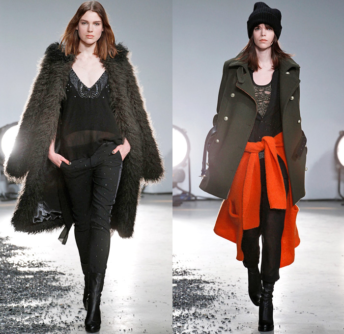 Zadig et Voltaire 2014-2015 Fall Autumn Winter Womens Runway Looks - Paris Fashion Week Prêt à Porter Défilés - Skinny Motorcycle Biker Rider Pants Jeans Flowers Florals Print Furry Outerwear Coat Shorts Leather Zipper Low V Neck Cardigan Knit Military Urban Cargo Pockets Sequins Lace Fringes Scarf Jogging Sweatpants Embellishments Jumpsuit Salopette Overalls Wide Leg Palazzo Pants Skirt Frock Dress Robe Wrap Sheer Chiffon Peekaboo Stripes Maxi Dress