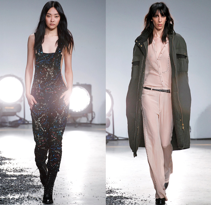 Zadig et Voltaire 2014-2015 Fall Autumn Winter Womens Runway Looks - Paris Fashion Week Prêt à Porter Défilés - Skinny Motorcycle Biker Rider Pants Jeans Flowers Florals Print Furry Outerwear Coat Shorts Leather Zipper Low V Neck Cardigan Knit Military Urban Cargo Pockets Sequins Lace Fringes Scarf Jogging Sweatpants Embellishments Jumpsuit Salopette Overalls Wide Leg Palazzo Pants Skirt Frock Dress Robe Wrap Sheer Chiffon Peekaboo Stripes Maxi Dress