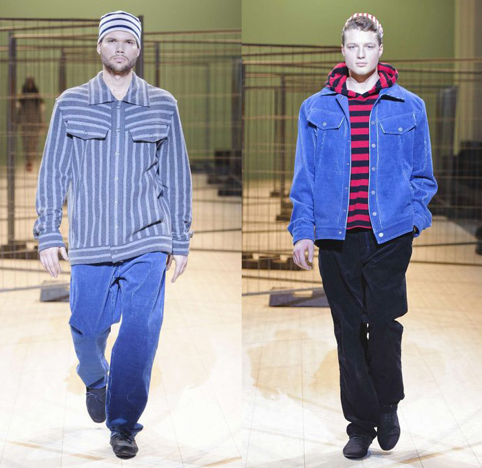 ZALEVSKIY 2014-2015 Fall Autumn Winter Mens Runway Looks - Ukrainian Fashion Week Kiev Kyiv Catwalk Fashion Show - Plaid Prison Stripes Outerwear Coat Trucker Shirt Slouchy Bomber Jacket Hoodie Robe Wrap Roll Up Fold Up Cropped Pants