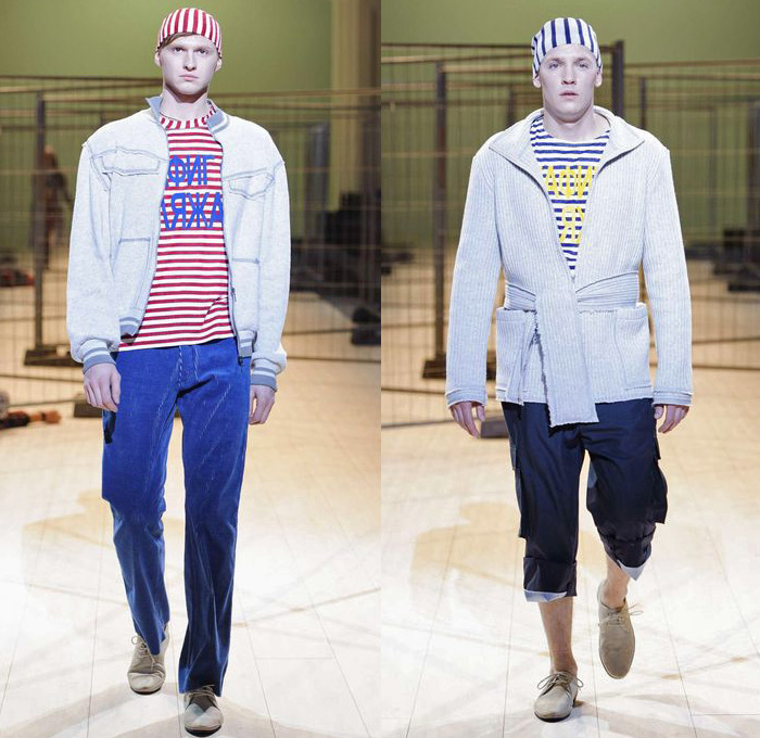 ZALEVSKIY 2014-2015 Fall Autumn Winter Mens Runway Looks - Ukrainian Fashion Week Kiev Kyiv Catwalk Fashion Show - Plaid Prison Stripes Outerwear Coat Trucker Shirt Slouchy Bomber Jacket Hoodie Robe Wrap Roll Up Fold Up Cropped Pants