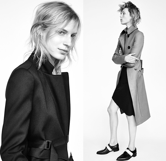 Zara Spain 2014-2015 Fall Autumn Winter Womens Ad Campaign Lookbook Collection - Outerwear Coat Hoodie Pantsuit Jacket Blazer Pants Trousers Banded Strap Grosgrain Anorak Trench Coat Skirt Frock Dress Animal Spots Jungle Safari Leopard Angular Hem Minimalist Sleeveless - Julia Nobis, Edie Campbell, Mijo Mihaljcic and Ine Neefs