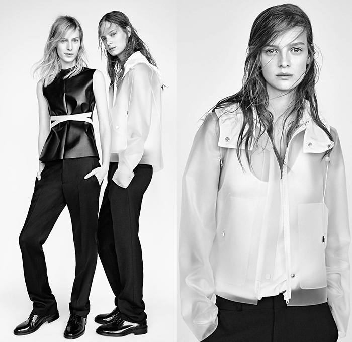 Zara Spain 2014-2015 Fall Autumn Winter Womens Ad Campaign Lookbook Collection - Outerwear Coat Hoodie Pantsuit Jacket Blazer Pants Trousers Banded Strap Grosgrain Anorak Trench Coat Skirt Frock Dress Animal Spots Jungle Safari Leopard Angular Hem Minimalist Sleeveless - Julia Nobis, Edie Campbell, Mijo Mihaljcic and Ine Neefs