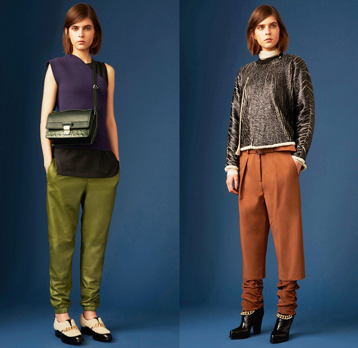 3.1 Phillip Lim 2014 Pre Fall Womens Presentation - Pre Autumn Collection - Leggings Culottes Gauchos Wide Leg Slouchy Sweatpants Ornamental Decorative Art Print Multi-Panel Blazer Pantsuit Motorcycle Biker Jacket Crackled Windbreaker Anorak: Designer Denim Jeans Fashion: Season Collections, Runways, Lookbooks and Linesheets