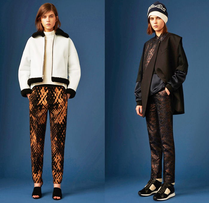 3.1 Phillip Lim 2014 Pre Fall Womens Presentation - Pre Autumn Collection - Leggings Culottes Gauchos Wide Leg Slouchy Sweatpants Ornamental Decorative Art Print Multi-Panel Blazer Pantsuit Motorcycle Biker Jacket Crackled Windbreaker Anorak: Designer Denim Jeans Fashion: Season Collections, Runways, Lookbooks and Linesheets