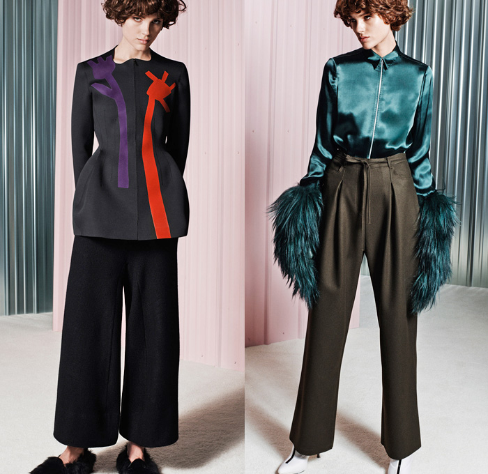 Acne Studios 2014 Pre Fall Womens Lookbook Presentation - Pre Autumn Collection Looks - Palazzo Pants Culottes Wide Leg Leggings Cutout Petals Flowers Floral Motif Graphic Print Minimalist Furry Drapery Scarf Sweater Jumper Multi-Panel Coat Foldover Handkerchief Angular Hem Anorak Skirt Frock Dress Shawl Stole: Designer Denim Jeans Fashion: Season Collections, Runways, Lookbooks and Linesheets